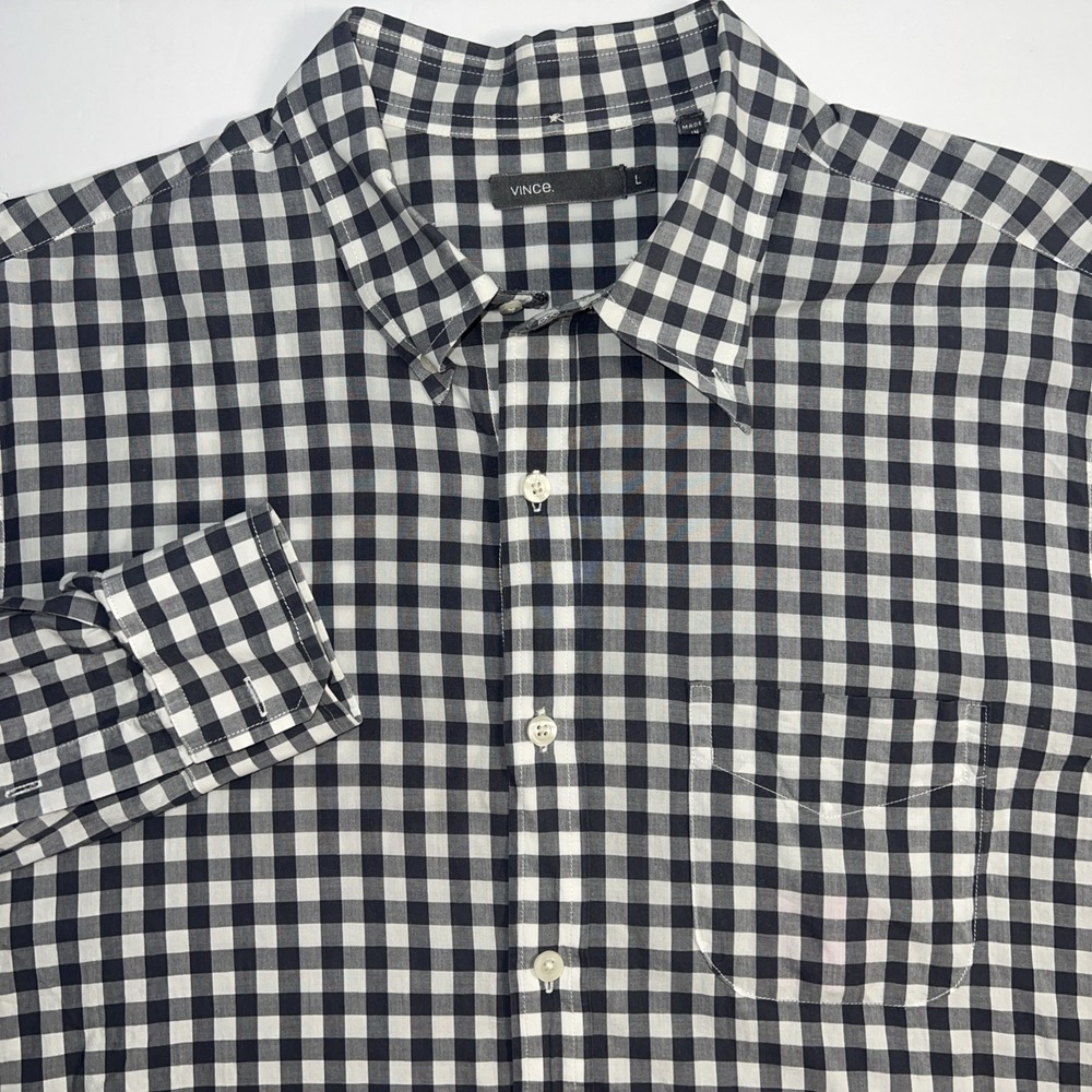 VINCE Men's Cotton Button up Shirt in‎ Gray White gingham check size Large